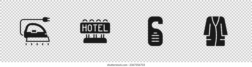 Set Electric iron, Signboard with text Hotel, Please do not disturb and Bathrobe icon. Vector