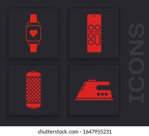 Set Electric iron , Smart watch showing heart beat rate , Remote control  and Stereo speaker  icon. Vector