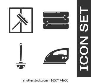 Set Electric iron , Squeegee, scraper, wiper, Toilet brush  and Towel stack  icon. Vector
