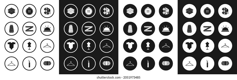 Set Electric iron, Tape measure, Sewing thread spool, Textile fabric roll, Needle bed and needles, Round adjustable embroidery hoop, Hanger wardrobe and Baby clothes icon. Vector