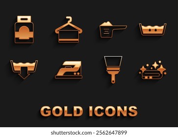 Set Electric iron, Temperature wash, Towel stack, Rubber cleaner for windows, Washing modes, powder, Laundry detergent and hanger icon. Vector