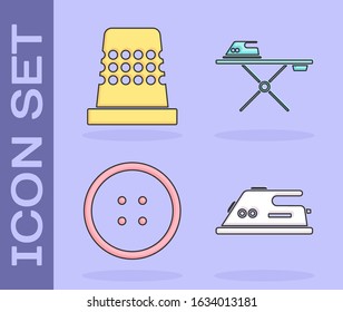 Set Electric iron, Thimble for sewing, Sewing button for clothes and Electric iron and ironing board icon. Vector