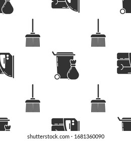 Set Electric iron and towel , Trash can  and Handle broom  on seamless pattern. Vector