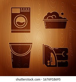 Set Electric iron and towel , Washer , Bucket  and Plastic basin with soap suds  on wooden background. Vector