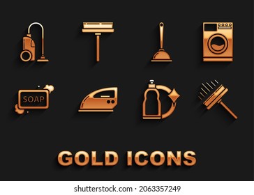Set Electric iron, Washer, Squeegee, scraper, wiper, Plastic bottles for liquid dishwashing liquid, Bar of soap with foam, Toilet plunger, Vacuum cleaner and  icon. Vector