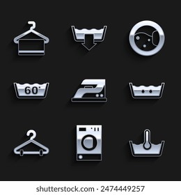 Set Plancha eléctrica, lavadora, lavado a temperatura, armario de suspensión e icono de colgador de toallas. Vector