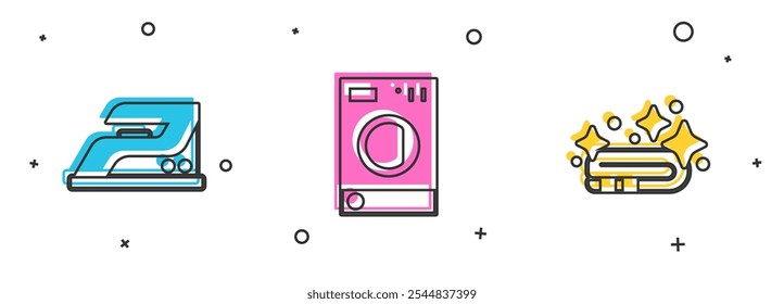 Definir ferro elétrico, Washer e ícone da pilha de toalhas. Vetor