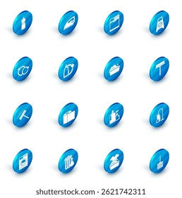 Set Electric iron, Washer, Wet floor and cleaning in progress, Washing dishes, Squeegee, scraper, wiper, Plastic bottles for liquid dishwashing liquid,  and basin with soap suds icon. Vector