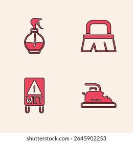 Set Electric iron, Water spray bottle, Brush for cleaning and Wet floor icon. Vector