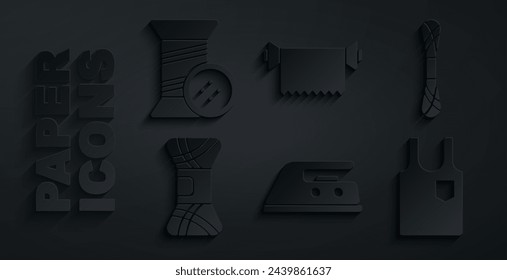 Set Electric iron, Yarn, Sleeveless T-shirt, Textile fabric roll and Sewing thread and button icon. Vector