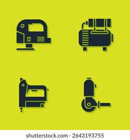 Conjunto de rompecabezas eléctrico, amoladora angular, grapadora de construcción e icono de compresor de aire. Vector