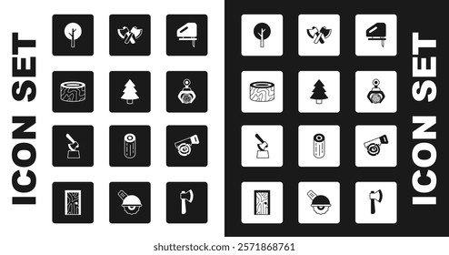 Set Electric jigsaw, Christmas tree, Tree stump, Grapple crane grabbed log, Wooden axe, Hand and and in icon. Vector