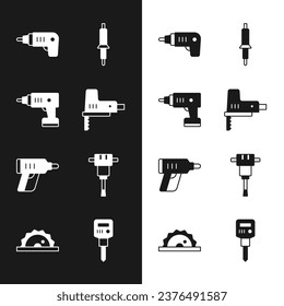 Set Electric jigsaw, cordless screwdriver, Soldering iron, Construction jackhammer,  and circular icon. Vector