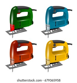 Set of electric jigsaw. Electric jigsaw in green, yellow, red or blue  case. Electric Tools isolated on white background. Vector illustration.
