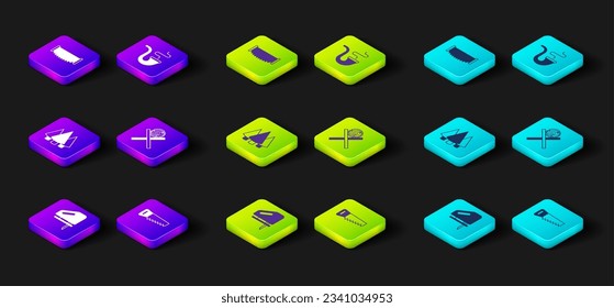 Set Electric jigsaw, Hand, Christmas tree, Wooden logs on stand, Smoking pipe and Two-handed icon. Vector