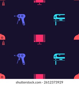 Set Electric jigsaw, hot glue gun, Smart Tv and mixer on seamless pattern. Vector