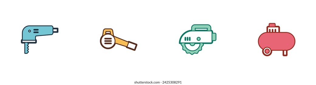 Set Rompecabezas eléctrico, soplador de jardín de hojas, circular e icono de compresor de aire. Vector