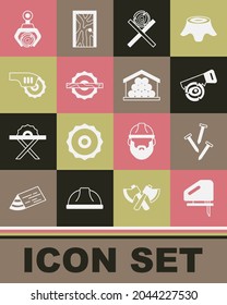 Set Electric jigsaw, Metallic nails, Hand and log, Wooden logs on stand, circular, Grapple crane grabbed and  icon. Vector
