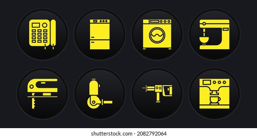 Set Electric jigsaw, mixer, Angle grinder, Rotary hammer drill machine, Washer and Refrigerator icon. Vector