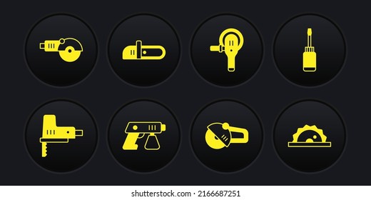 Set Electric jigsaw, Screwdriver, Paint spray gun, Angle grinder, Chainsaw, circular and  icon. Vector