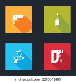 Set Electric jigsaw, Screwdriver, Paint spray gun and Construction stapler icon. Vector
