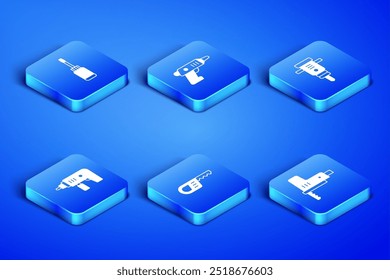 Conjunto de sierra de calar eléctrica, destornillador, recíproco, máquina de perforación, destornillador inalámbrico e icono de martillo neumático de construcción. Vector