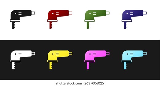 Set Electric jigsaw with steel sharp blade icon isolated on black and white background. Power tool for woodwork.  Vector