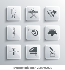Set Electric jigsaw, Wooden axe in stump, Tree, circular, Metallic nail, Rasp metal file, Protective gloves and  icon. Vector