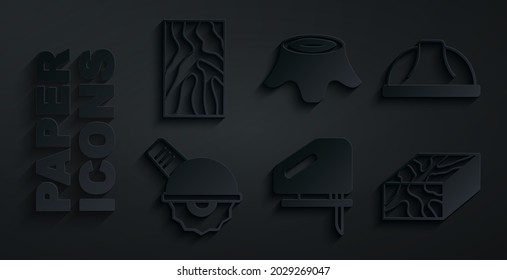 Set Electric jigsaw, Worker safety helmet, circular, Wooden beam, Tree stump and  icon. Vector