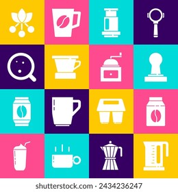 Set Electric kettle, Bag of coffee beans, Coffee tamper, Aeropress, V60 maker, cup, bean, branch and Manual grinder icon. Vector