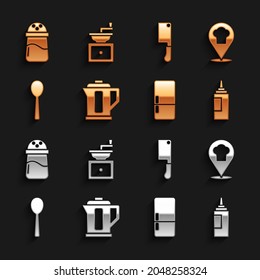 Set Electric kettle, Chef hat with location, Sauce bottle, Refrigerator, Spoon, Meat chopper, Salt and Manual coffee grinder icon. Vector