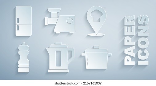 Set Electric kettle, Chef hat with location, Pepper, Cooking pot, Kitchen meat grinder and Refrigerator icon. Vector