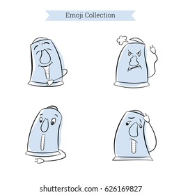 Set of electric kettle emoji with eyes and mouth. Blue vintage character with cute cartoon faces. Sadness, surprise, anger and joy. Vector illustration