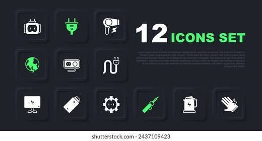 Set Electric kettle, glove, Electrical outlet, Soldering iron, Global planet with thunderbolt, Battery charge, plug and  icon. Vector