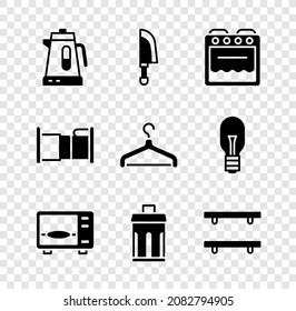 Set Electric kettle, Knife, Oven, Microwave oven, Trash can, Empty wooden shelves, Bed and Hanger wardrobe icon. Vector