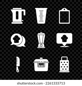 Set Electric kettle, Measuring cup, Cutting board, Knife, Slow cooker, Grater, Chef hat speech bubble and Blender icon. Vector
