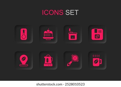 Set Hervidor eléctrico, pedazo de torta, termómetro de café, Filtrar titular, bolso de granos de café, taza, amoladora manual y Locación con icono. Vector
