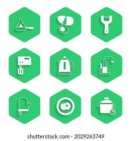 Set Electric kettle, Scrambled eggs, Cooking pot, Water tap, Oven glove, mixer, Vegetable peeler and Frying pan icon. Vector