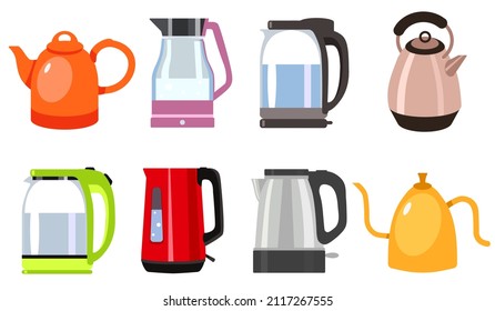 
Set of electric kettles for boiling water and teapots. Porcelain, metal and glass teapot insulated on a white background.