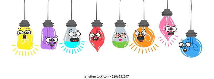 Set von Elektro-Light Bulb mit Cartoon Emoticons. Doodle Gesichter, Augen und Mund. Karikatur Comic expressive Emotionen, lächelnd, weinend und überrascht Charakter Gesichtsausdrücke. Einzelvektor