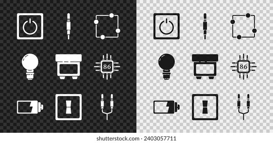 Set Electric light switch, Audio jack, circuit scheme, Battery charge level indicator, Light bulb with concept of idea and Fuse icon. Vector