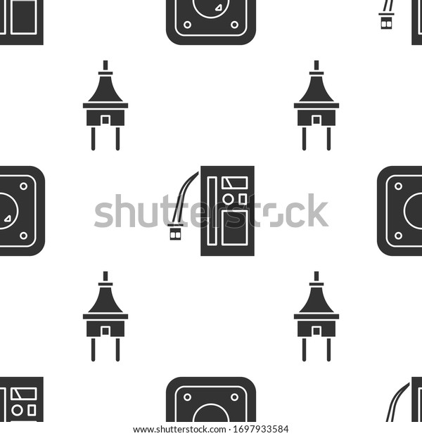Set Electric light switch, Battery and\
Electric plug on seamless pattern.\
Vector