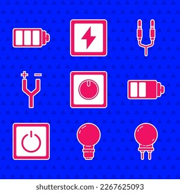Set Electric light switch, Light bulb with concept of idea, emitting diode, Battery charge level indicator, cable, Audio jack and  icon. Vector