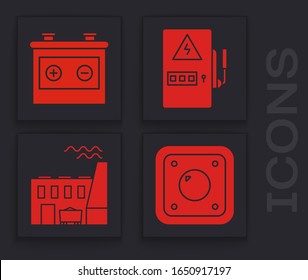 Set Electric light switch, Car battery, Electrical panel and Coal power plant and factory icon. Vector