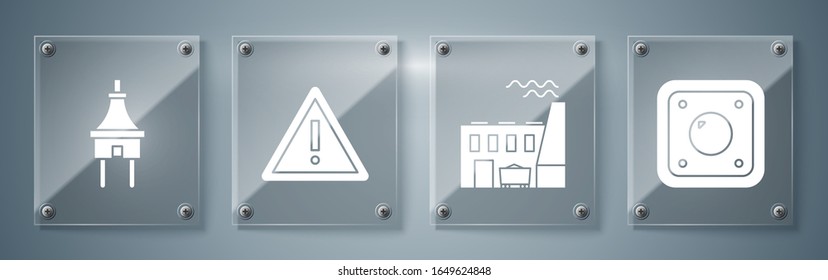 Set Electric light switch, Coal power plant and factory, Exclamation mark in triangle and Electric plug. Square glass panels. Vector