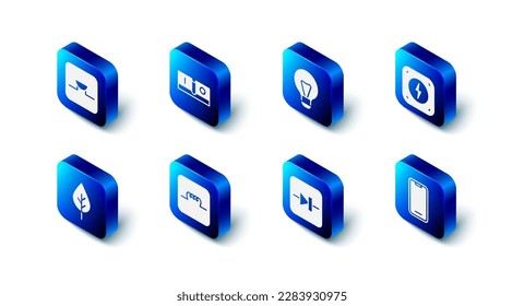 Set Electric light switch, Creative lamp idea, Lightning bolt, Mobile phone, Diode electronic circuit, Inductor, Leaf Eco symbol and Buzzer icon. Vector