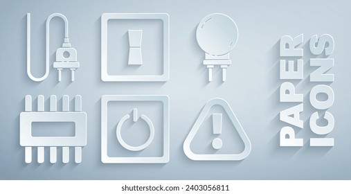 Ajuste interruptor de luz eléctrica, diodo emisor de luz, CPU de procesador con microcircuitos, triángulo de marca de exclamación e icono de enchufe. Vector