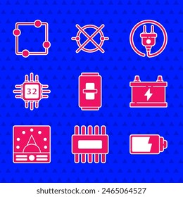Set Electric light switch, Processor with microcircuits CPU, Battery charge level indicator, Car battery, Ampere meter, multimeter, voltmeter, plug and scheme icon. Vector
