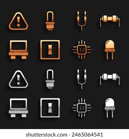 Set Electric light switch, Resistor electricity, Light emitting diode, Processor with microcircuits CPU, Fuse, Audio jack, Exclamation mark triangle and LED bulb icon. Vector