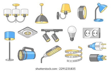 Set of electric lighting and lamps. Electrical equipment. Industrial or business images. Icons for website and shop.